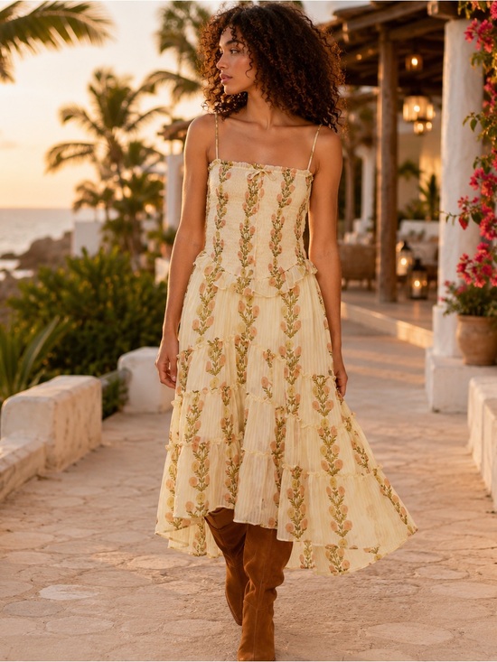 Free People Dresses & Skirts - Free People Alejandra Smocked Bodice Tiered Midi Dress XS Cloud Combo
